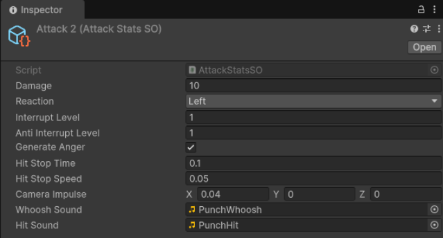 Attack stats asset in the Unity inspector