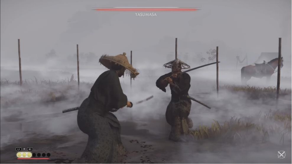 A one-on-one duel with a close, shoulder-offset camera