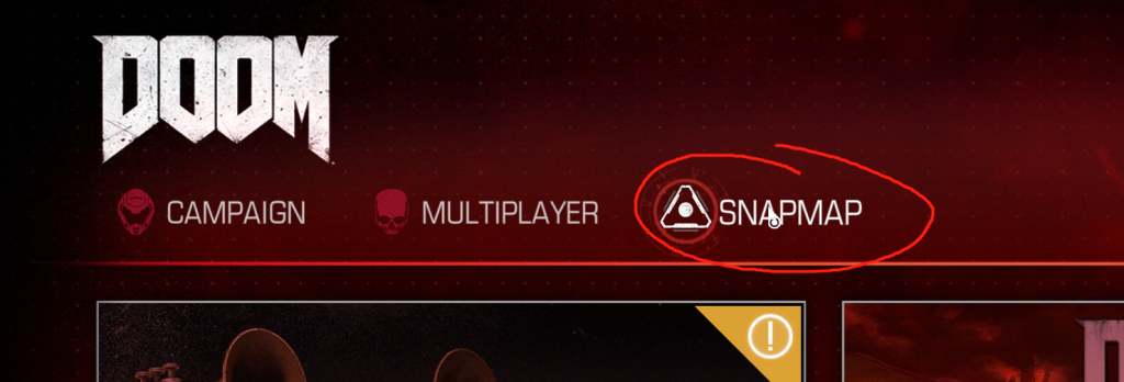 The DOOM main menu with SnapMap highlighted