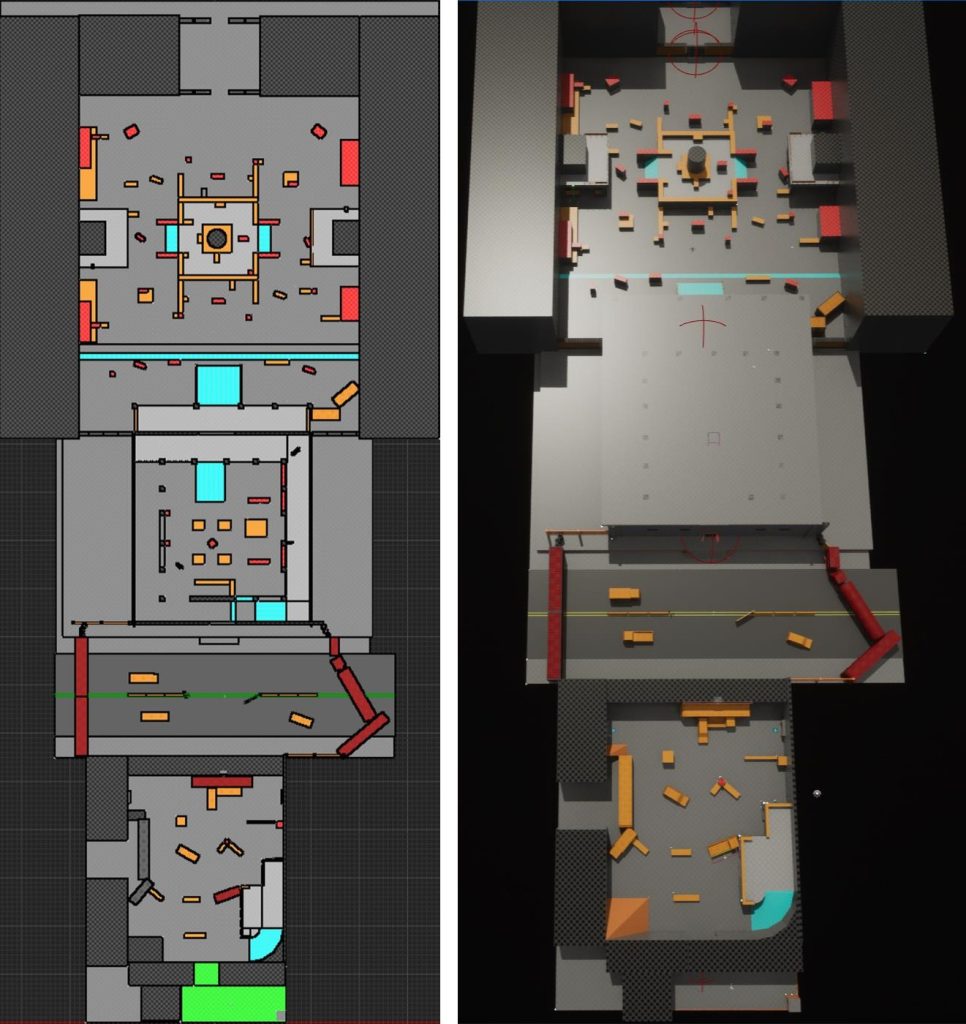 Level overview: 2D top-down plan on the left, 3D blockout seen from above on the right